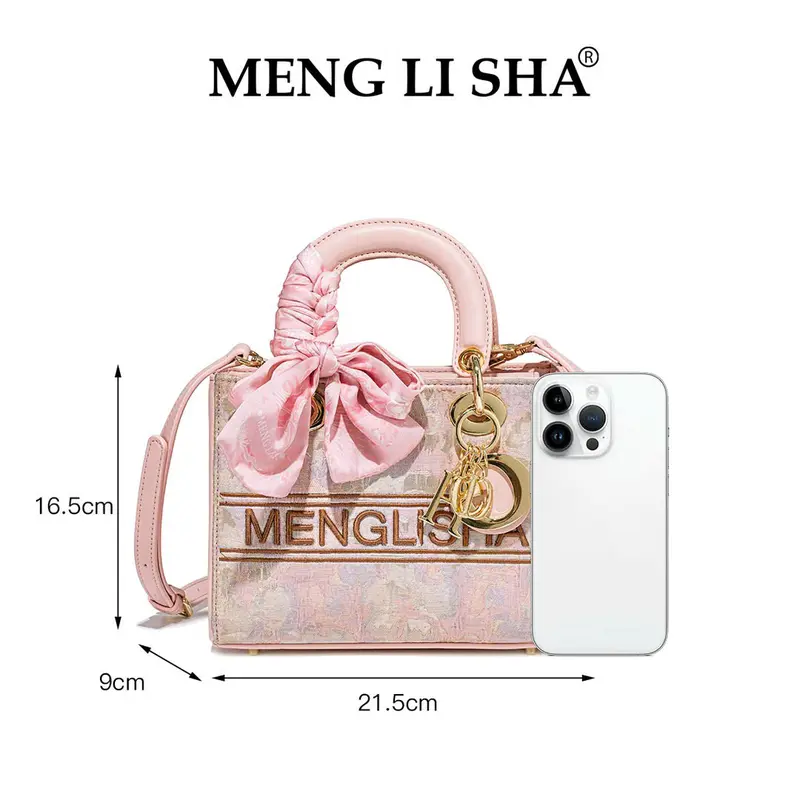 5877#-K1 Túi Xách Nữ MENG LI SA Dáng Cốp Vuông Kèm Khăn Lụa Sang Trọng Họa Tiết Hoa Lá Thời Thượng, Trang Nhã. Đeo Vai, Đeo Chéo. Dễ Phối Đồ. Màu Hồng 4