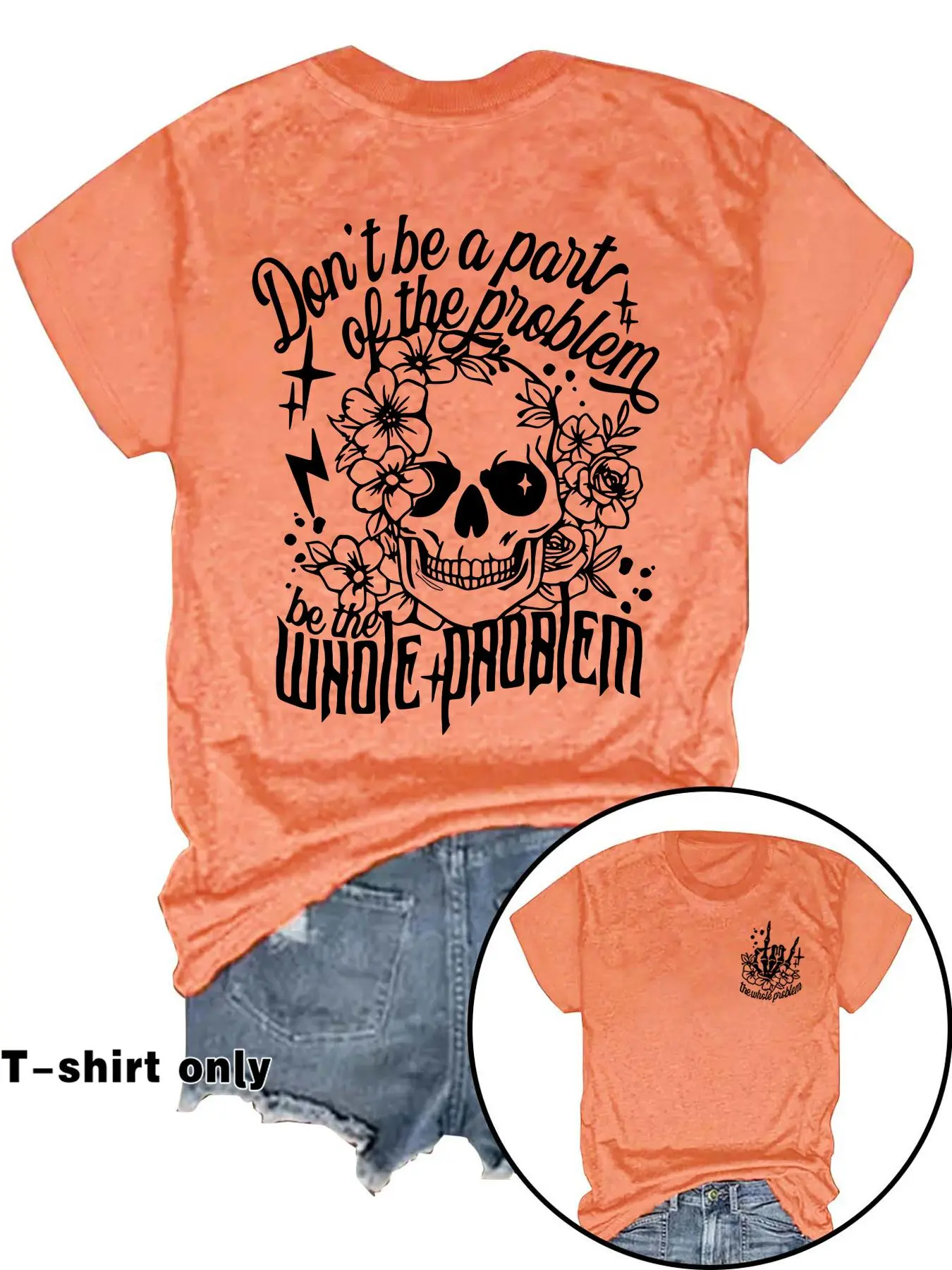 Women's Floral & Skull Print Round Neck Tee, Fashion Casual Letter Graphic Crew Neck T-Shirt for Daily Holiday Vacation Outdoor Wear, Ladies Clothes for Summer