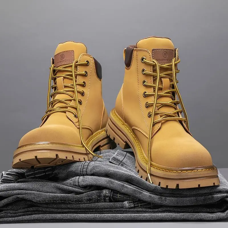 Giày Nam, Boot Martin, Cổ Cao Mùa Lò Xo, Phong Cách Anh Quốc Cổ Điển, Da Đen, Tăng Chiều Cao, Không Thấm Nước, Thích Hợp Cho Công Cụ Và Đi Xe Máy, Boot
