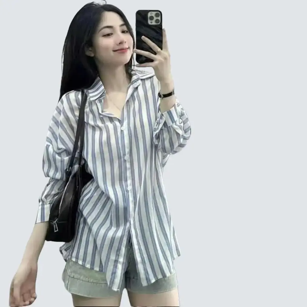 Áo sơ mi kẻ sọc xanh nữ dài tay  phong cách vintage Hàn Quốc, form rộng mặc đi chơi cực cá tính, siêu xinh
