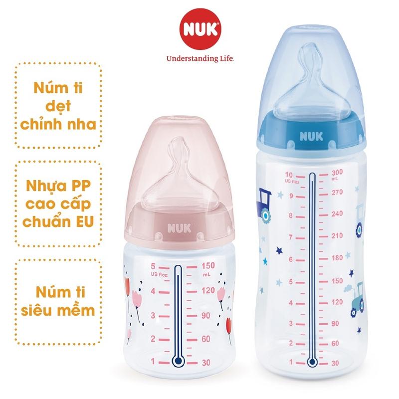 Bình sữa cảm biến nhiệt Premium Choice NUK nhựa PP/PPSU cao cấp chuẩn EU núm silicone chỉnh nha 150ml, 300ml