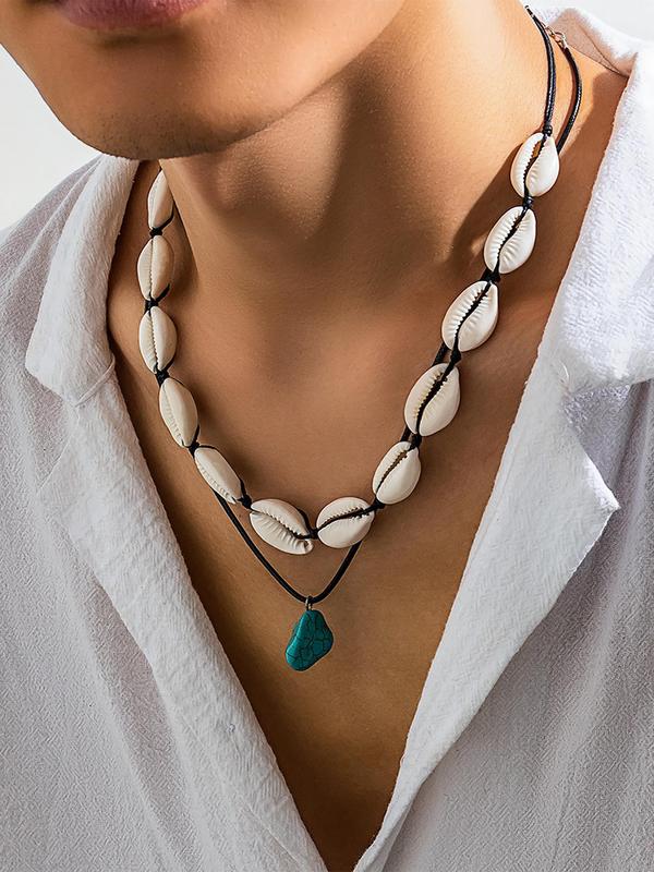 Men's Boho Style Shell & Clay Beaded Design Necklace (5pcs/set), Fashionable Beaded Necklaces for Men, Casual  Trendy All-match Jewelry As Birthday Gift 6