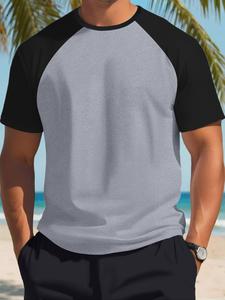 Men's Colorblock Raglan Sleeve Tee, Casual Comfy Round Neck Short Sleeve T-shirt for Summer, Fashion Men's Top for Beach Vacation