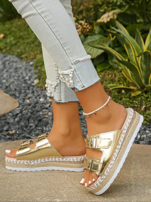 Women's Fashionable Metallic Buckle Design Platform Sandals, Casual Comfortable Breathable Sandals for Summer, Lightweight Breathable Comfortable Shoes for Daily Wear, Girl 2
