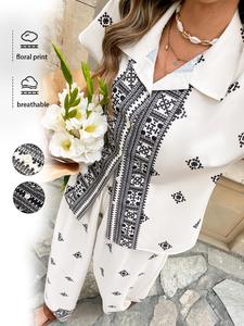 Two-piece Set Women's All Over Print Button Shirt & Wide Leg Pants, Casual Short Sleeve Collared Top & Trousers for Daily Wear, Ladies Summer Clothes