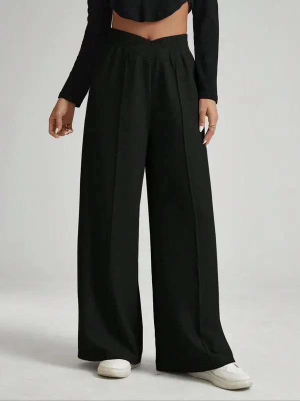 Women's Solid High Waist Wide Leg Sweatpants, Casual Minimalist Comfy Elastic Waist Trousers for Daily Wear, Trousers for Women, Fashion Ladies Bottoms for All Seasons, Wideleg Baggy Pants, Wide Legged Pants, Womenswear, Casual Basic Trousers 8