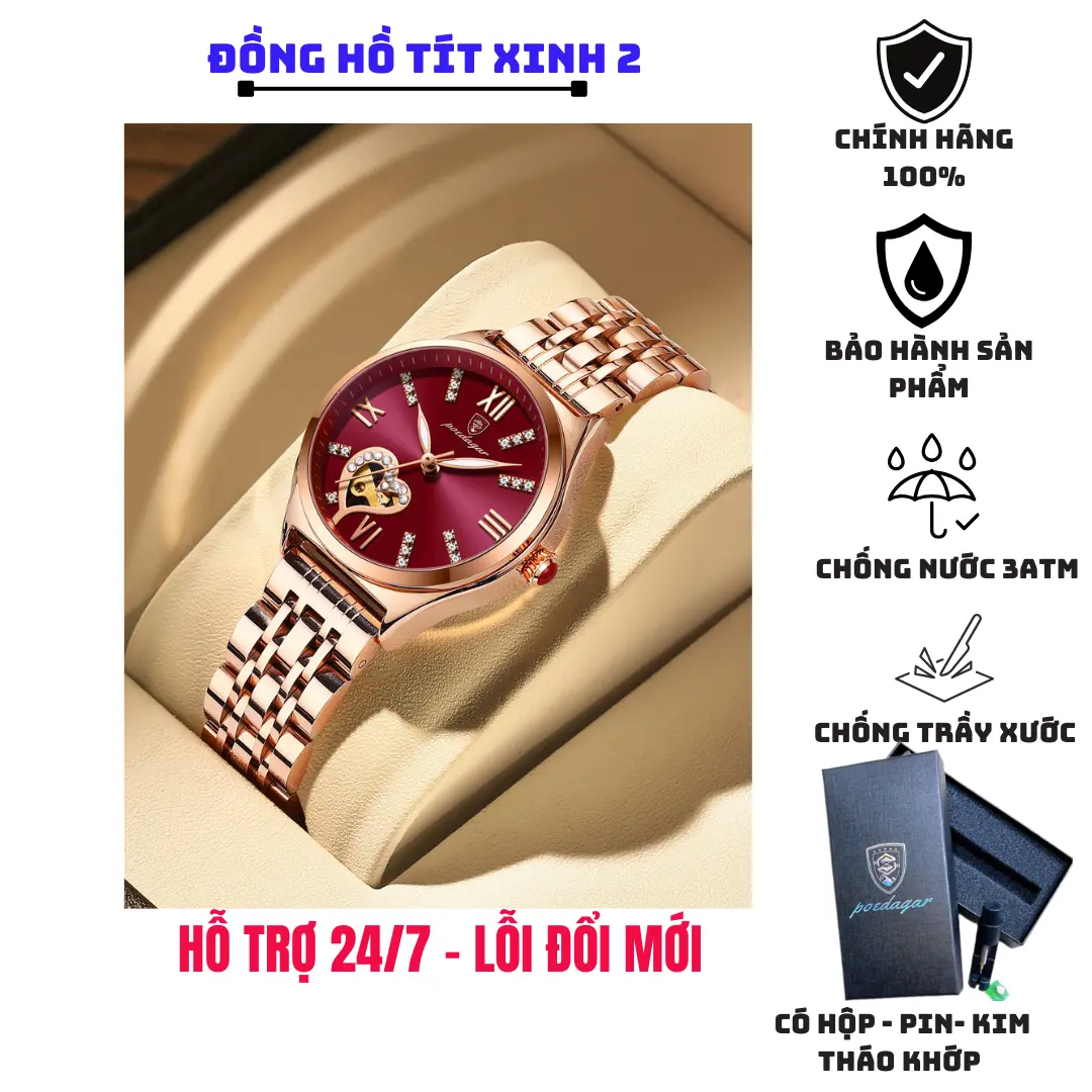 Đồng hồ nữ đẹp chính hãng Poedagar thời trang sang chảnh, trang trí trái tim, chống nước, chống xước Women Sen Ong Voi
