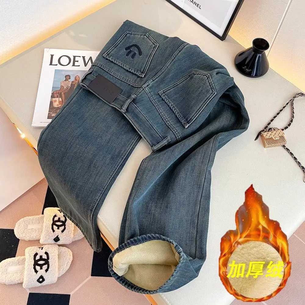 Quần Dài Jean Ống Đứng, Lót Lông Cừu, Dày Dặn, Dành Cho Nữ, Mùa Thu Và Mùa Đông, Thiết Kế Đẹp, Cạp Cao, Dáng Rộng Rãi Và Bó Sát, Quần Ống Rộng, Hàng Mới Về Năm 2024