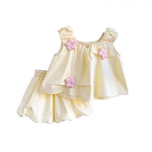 ชุดเด็กผู้หญิง, เสื้อผ้าเด็กเกาหลีใต้, เสื้อกั๊กลูกไม้แขนกุดเด็กผ้าฝ้ายแท้, กางเกงรูปดอกตูม, ชุดสองชิ้น, ฤดูร้อนปี 2024 มาใหม่