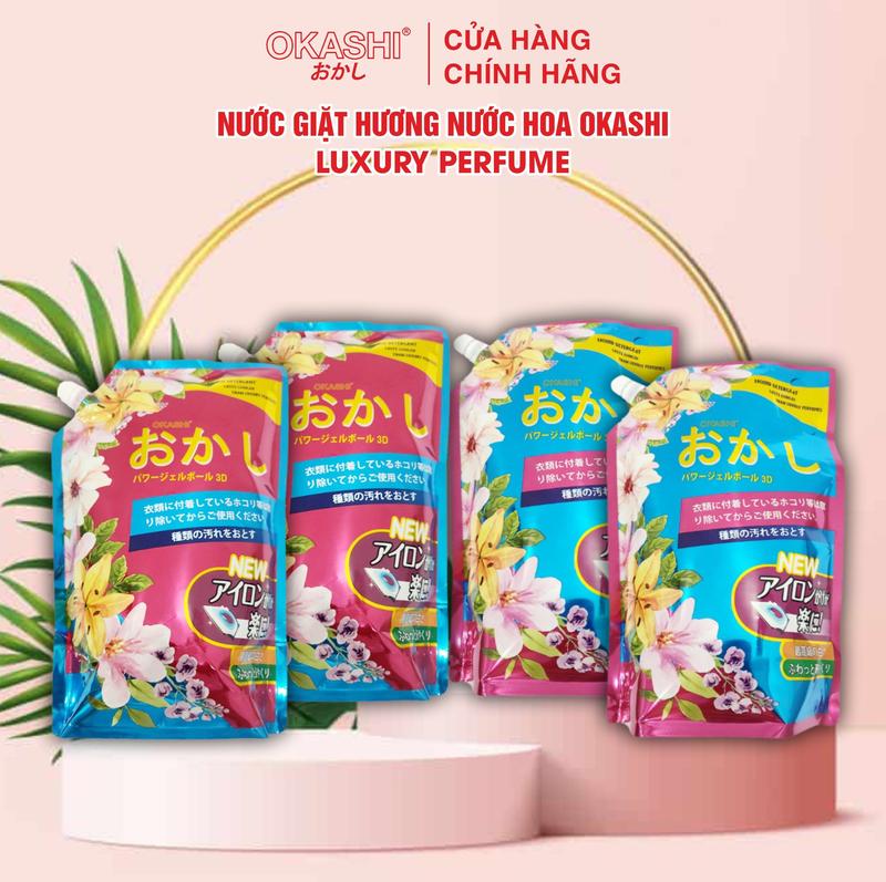 Combo 4 Túi Nước giặt 4 in 1 Okashi 2000ml Hương nước hoa - Công nghệ sinh học Làm Sạch, diệt khuẩn, bảo vệ màu sắc sợi vải