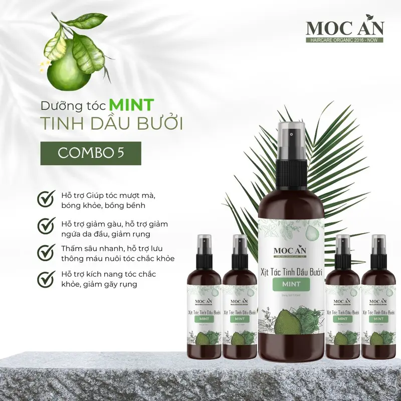 X5BMI120 - Combo 5 Chai Xịt Tinh Dầu Vỏ Bưởi Da Xanh & Tinh Dầu Bạc Hà Mộc Ân Haircare 120ml Hỗ Trợ Giảm Rụng, Mọc Tóc Chăm Sóc Tóc 1