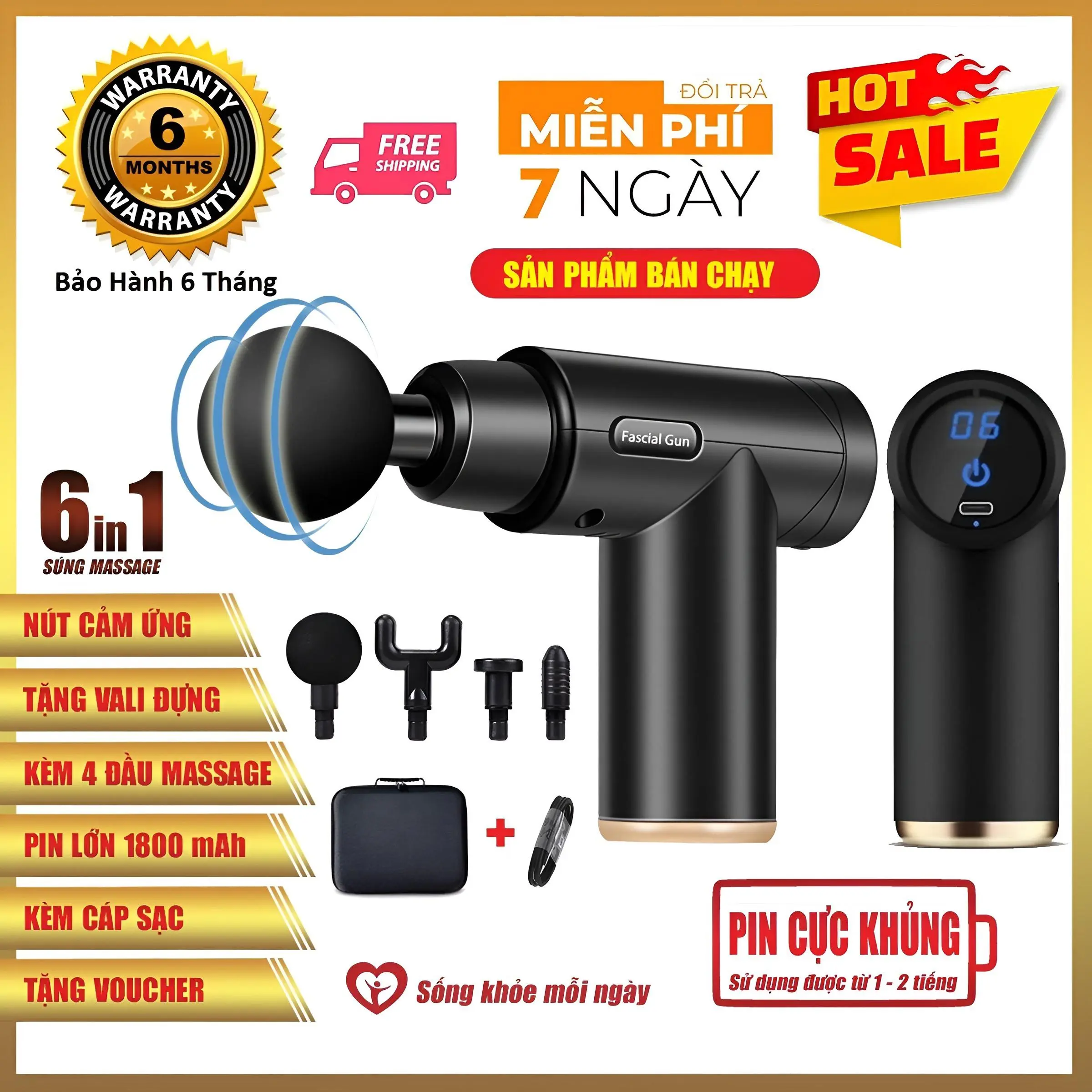 Máy Massage Cầm Tay, 4 Đầu 6 Chế Độ Cảm Ứng, đấm lưng thư giãn