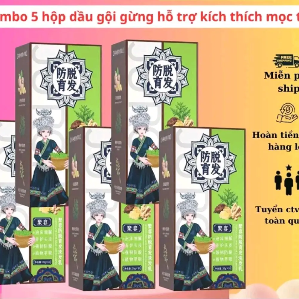 Hộp 10 gói dầu gội GỪNG TƯƠI hỗ trợ chống rụng tóc, kích thích mọc tóc giúp tóc chắc khoẻ dành cho cả nam và nữ.