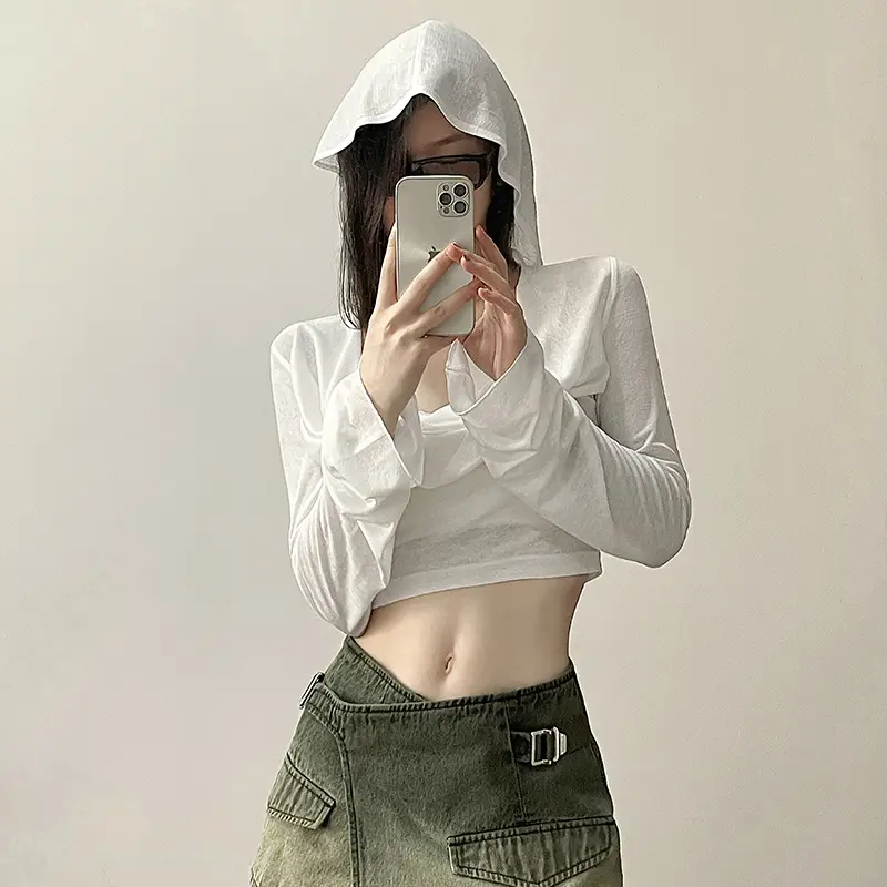 Áo Crop Top, Thời Trang Nữ, Đơn Giản, Màu Trắng, Dáng Ôm, Có Mũ Trùm Đầu, Dài Tay Hoodie Croptop Women