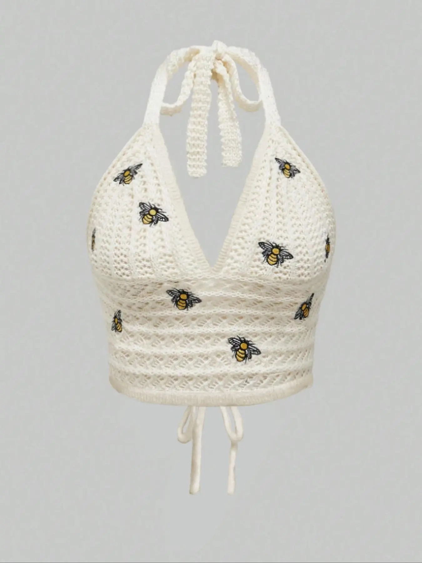 Women's Bee Embroidery Lace Up Crop Knit Tank Top, Casual Sleeveless Halter Knot Back Knitwear for Spring & Fall, Fashion Women's Knit Clothing for Daily Wear