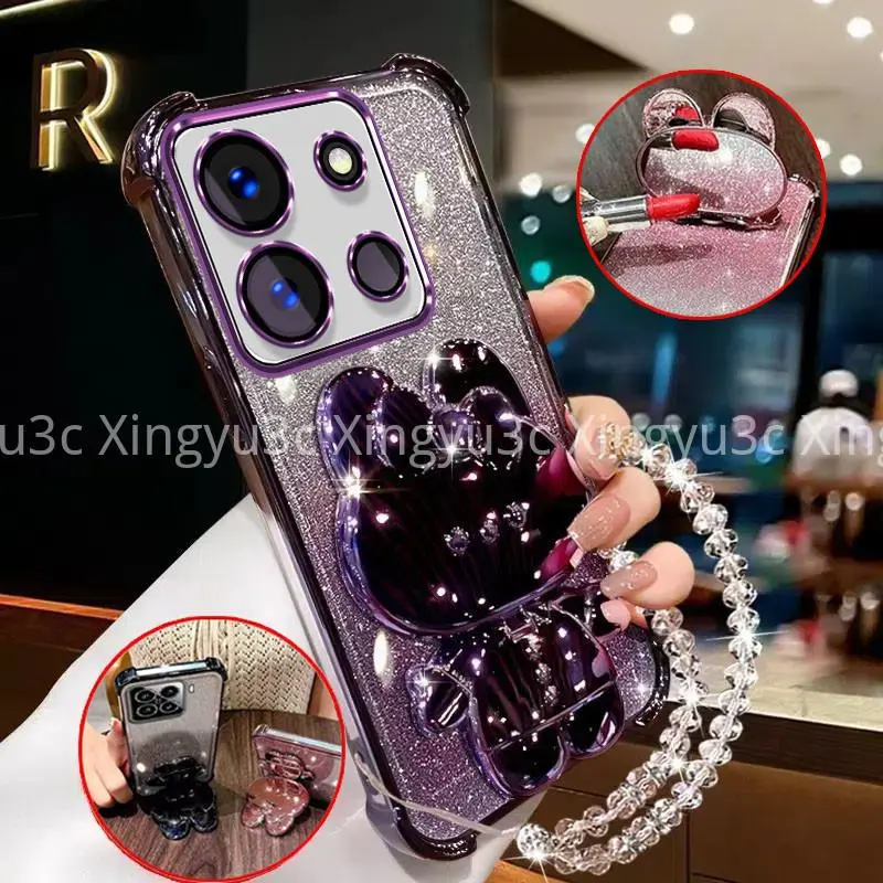 Case for tecno spark go 2023 pop 7 pro bf7n bf6 bf7 bf7h smart 7 hd x6515 x6516 luxury multifunctional four corners anti drop shockproof phone case 3D rabbit makeup mirror holder new bracelet protection silicone soft case