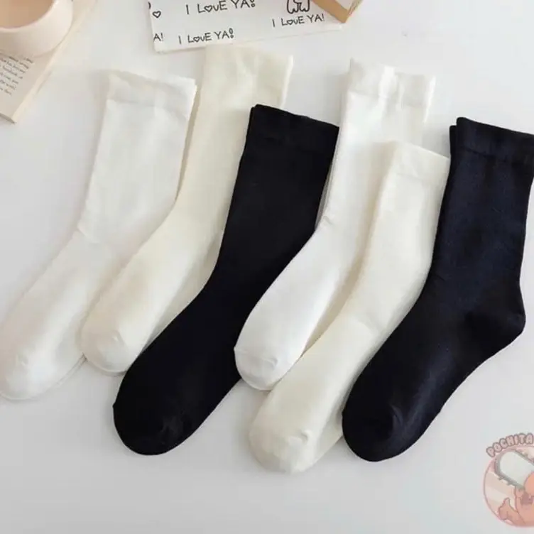 Tất cổ cao nữ, Vớ cotton cổ cao trơn đen trắng phong cách Hàn Quốc mềm mại co giãn 4chiều Women