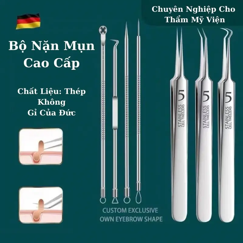 Bộ Que Nhíp NẶN MỤN 8 Chi Tiết Kèm ĐÈN LED Skincare - cây nặn mụn gạo 2