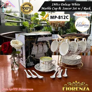 FIORENZA 6 pasang cangkir set + sendok + rak series duluxe white marble 220ml / tea set coffee cup and saucer ceramic with spoon MP-812C