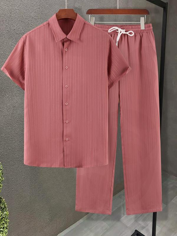 Men's 2pcs Button Front Shirt & Drawstring Pocket Pants Set without Tee & Necklace, Casual Short Sleeve Collar Shirt & Elastic Waist Trousers, National Day Clothing, Men's Two-piece Outfits for Summer 7