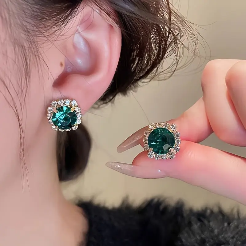 Green Rhinestone Necklace & Earrings Set for Women, Elegant Ball Party Clavicle Chain Accessories, Sparkling Gift Set 1