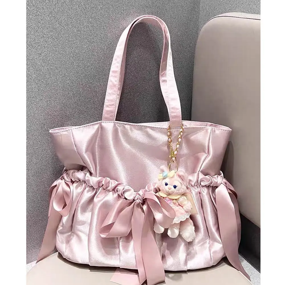 Satin Sweet Ballet Girly Style Pleated Bow Shoulder Bag Large Capacity Bag Tote Bag