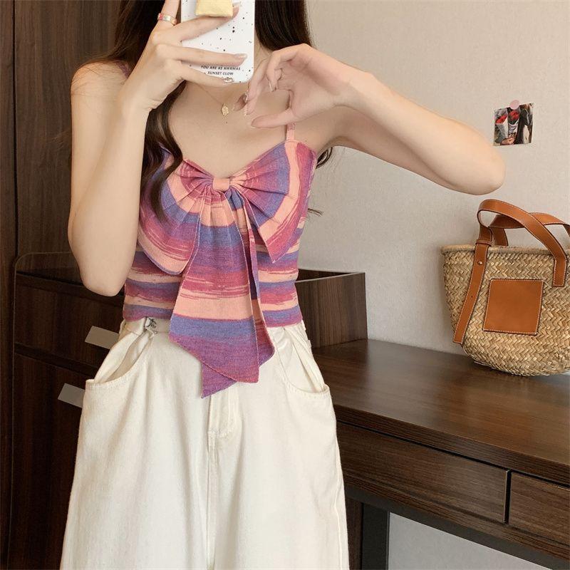 Product Introduction of Sweet and Spicy Style Striped Small Sling Vest Women's Summer Inner Wear Outer Wear Design Sense Niche Bow Sleeveless Short Top turtleneck  tank Lingerie Plaid Spaghetti Strap tank  top camisole  tops baby  tee 16