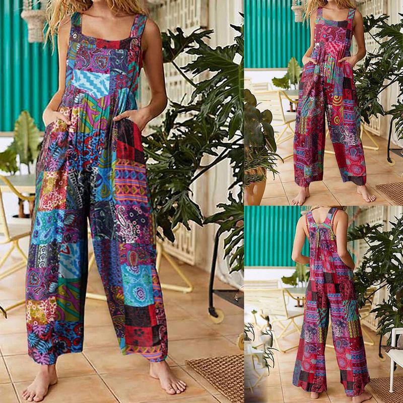 Product Introduction of Women Summer Overalls, Multicolor Ethnic Style Square Neck Sleeveless Casual Jumpsuit with Pockets for Girls, Red/Blue 46