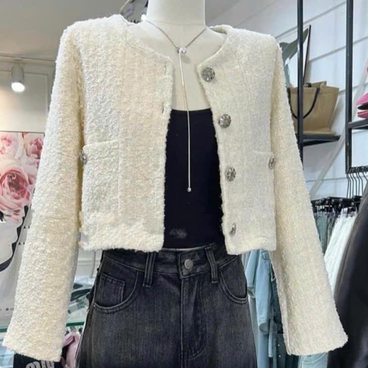[HÀNG 2 LỚP] Áo dạ nữ A.659, Áo khoác dạ tweed dáng ngắn cổ tròn có 2 túi thật phối cúc hoa đính đá - Shop Chấm Bi Women