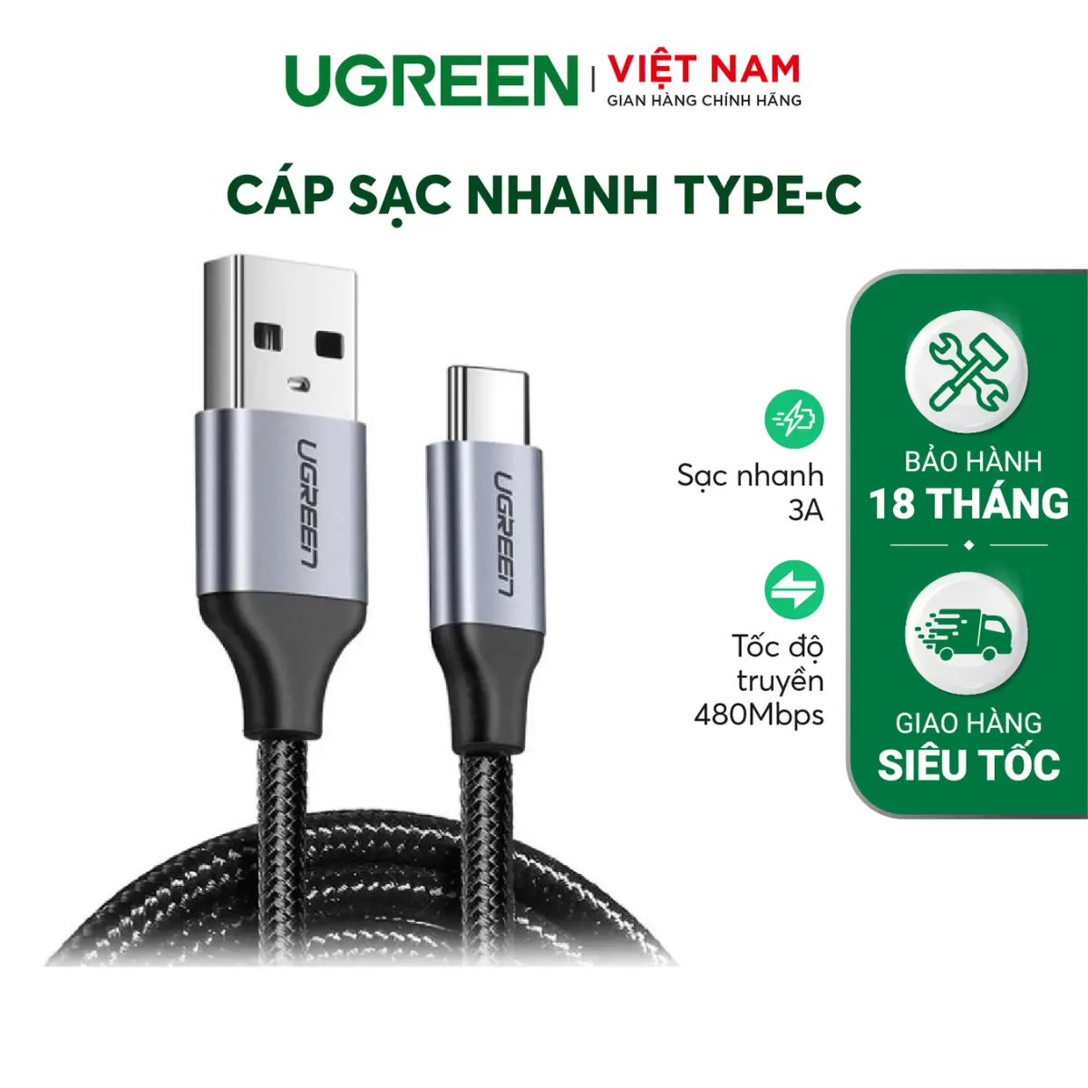 Cáp sạc nhanh Type C  Ugreen 3A, sạc nhanh, truyền dữ liệu tốc độ cao, US287 chính hãng, bảo hành 12 tháng Phụ Kiện Sạc Điện Thoại Phụ Kiện Sạc Điện Thoại Phone Usb
