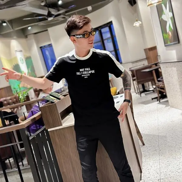 Áo thun nam cổ tròn phối in chữ vải cotton dày dặn mặc mát fom vừa hot trend áo không cổ nam Menswear Shirt 4