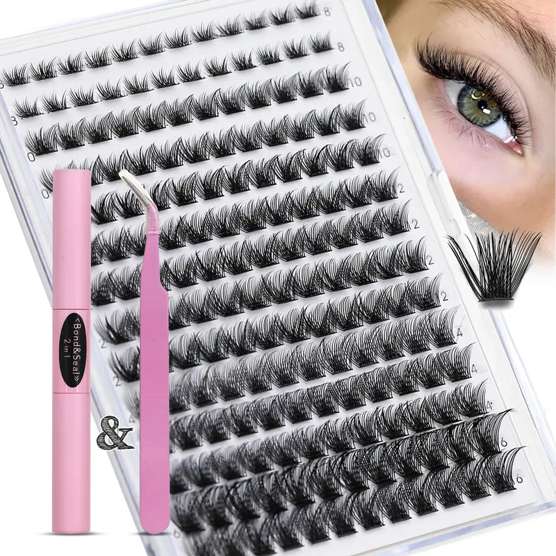 Natural Curl Eyelashes, 1 Box Individual False Eyelashes & Eyelash Glue with Tweezers, Self Grafting Eyelash Extensions, False Eyelashes Clusters 2