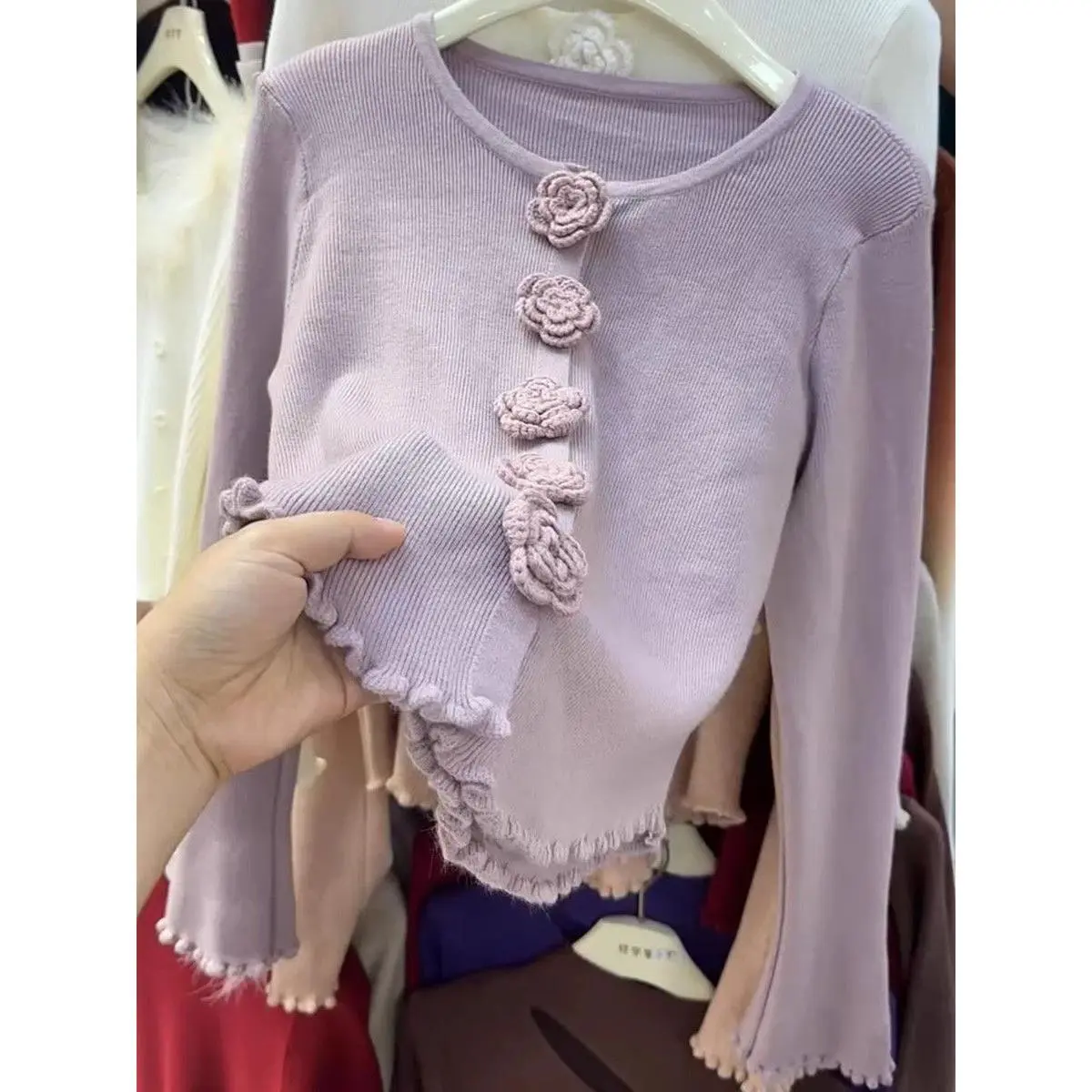 Áo Len, Thiết Kế Đẹp, Selvedge Dây, Hoa Trà Âm Thanh Nổi Màu Tím, Dành Cho Nữ, Thích Hợp Cho Mùa Thu Và Mùa Đông, Phong Cách Sang Trọng Và Dáng Rộng Rãi, Áo Cardigan Dệt Kim, Hợp Xu hướng, OOTD Women Top Cổ Tròn