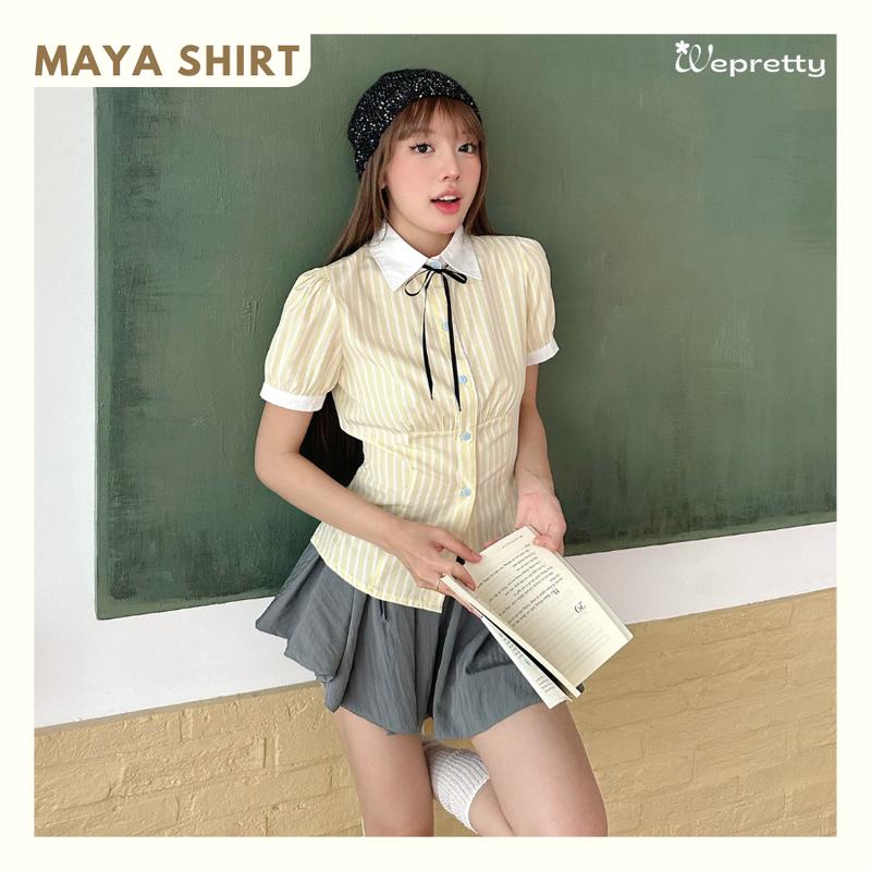[TẶNG NƠ ĐEN] MAYA SHIRT - AH28 Áo sơ mi nữ kẻ sọc chất liệu kate mềm phối cổ tay phồng Wepretty Clothes phong cách công sở Hàn Quốc