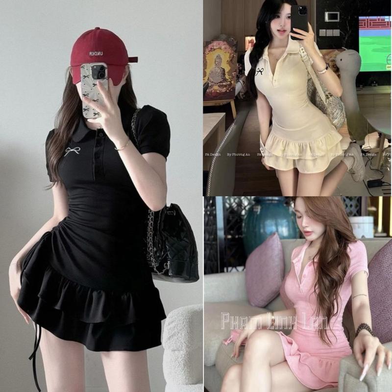 [KÈM QUẦN BẢO HỘ](Dưới 53kg) Đầm váy nữ tay ngắn cổ bẻ body đuôi cá xòe tầng rút dây eo dáng ngắn in nơ