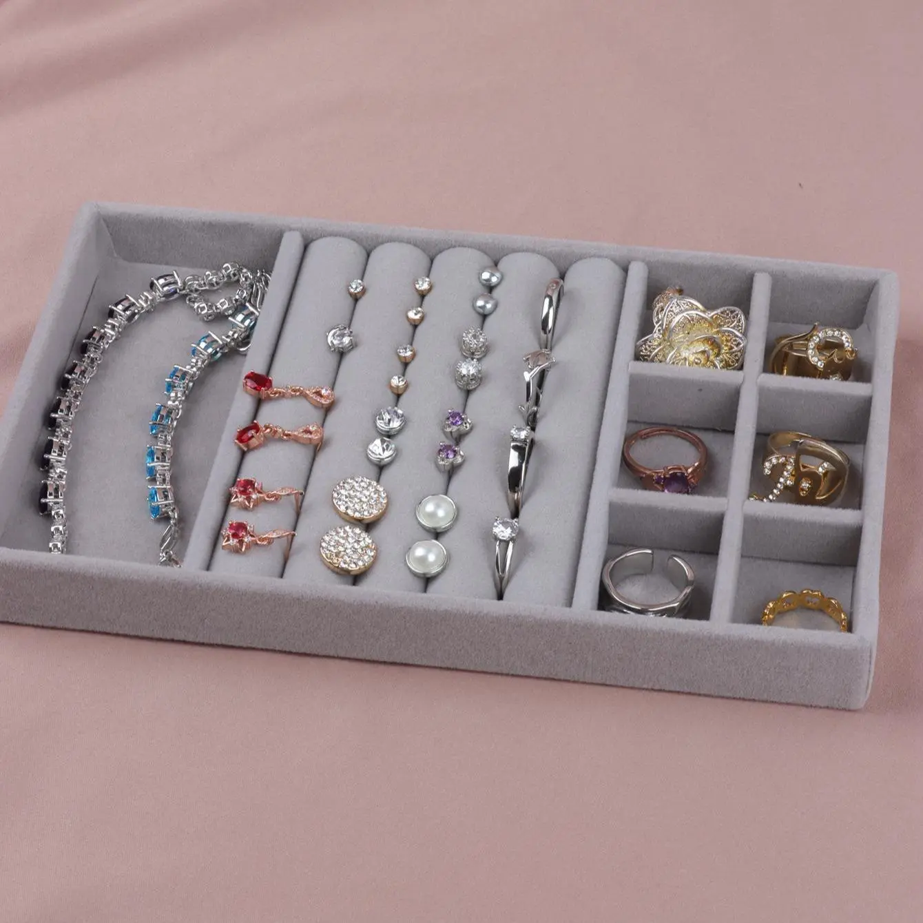 Jewelry Storage Box, Multi Grid Jewelry Organizer, Ring Earrings Jewelry Display Tray, Home Organizer for Bedroom Vanity Dresser