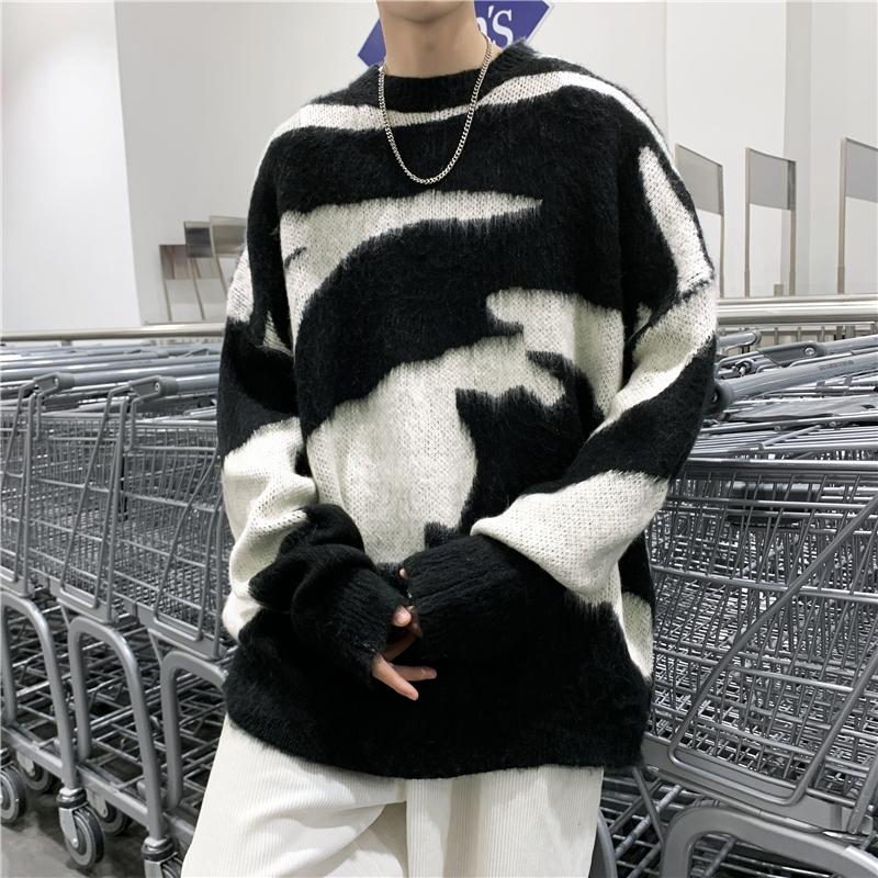 Áo Sweater dệt kim form dáng rộng dài tay unisex Ulzzang, Áo len oversize màu đen trắng nữ phong cách Hàn Quốc Menswear