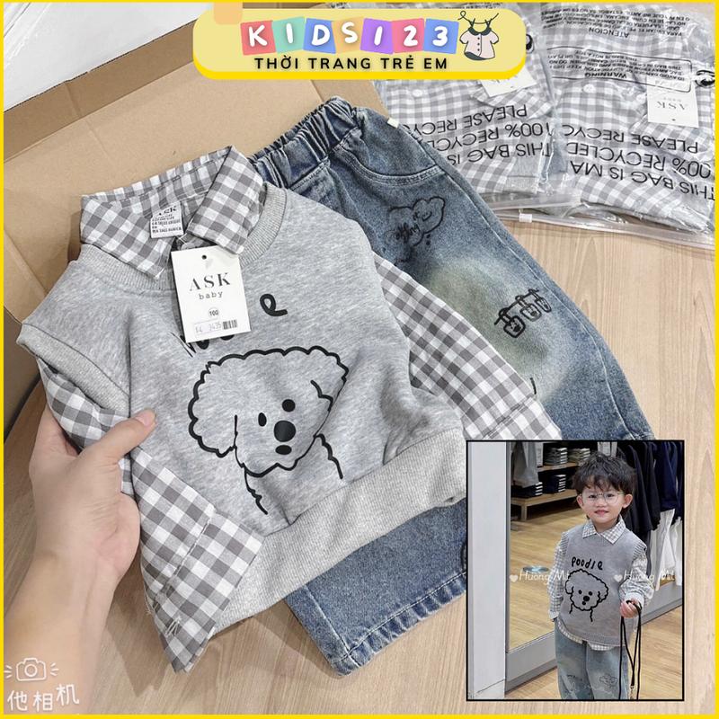  Set bé trai 3 chi tiết K18 áo kẻ quần Jean kèm gile phong cách Hàn Quốc 
