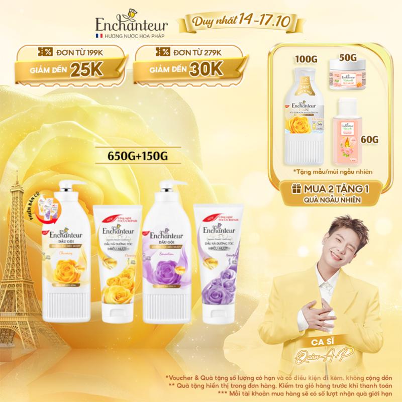 [TẶNG 1 CHAI DẦU XẢ 150G] Dầu Gội Enchanteur 650g Thơm Hương Nước Hoa với Keratin, Dầu Hạnh Nhân, B5 x2 Phục Hồi Hư Tổn và Óng Ả, Không gàu bết ngứa