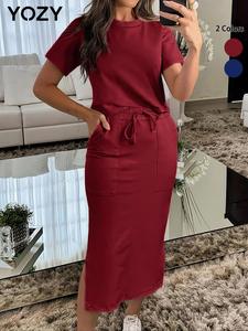 YOZY Two-Piece Set Women's Solid Color Top & Skirt, Casual Fashion Cozy Round Neck Top & Midi Skirt for Daily Outdoor Wear, Ladies Clothes for Spring