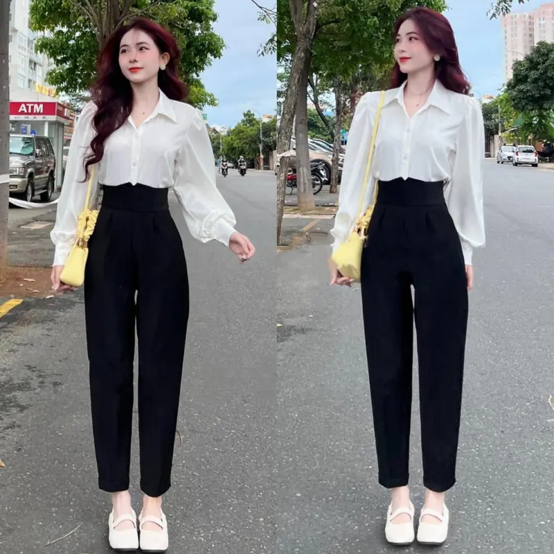 Quần Tây Nữ Cạp Cao Cạp V Dáng Baggy Đi Học Màu Đen Chất Vải Tuyết Mưa Mềm Dày Dặn Pants Jean Women Ong 0