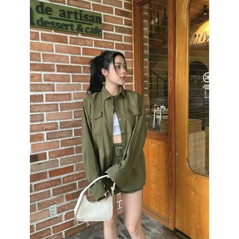 Sét bộ chất cotton lạnh 4 món mặc đi chơi dạo phố, áo thun ngắn tay cổ tròn phối viền hoạ tiết in chữ số kèm áo khoác ngoài dài tay kèm quần đùi ngắn mix đai lưng Nữ Women Topb Tre Kem Sen 6
