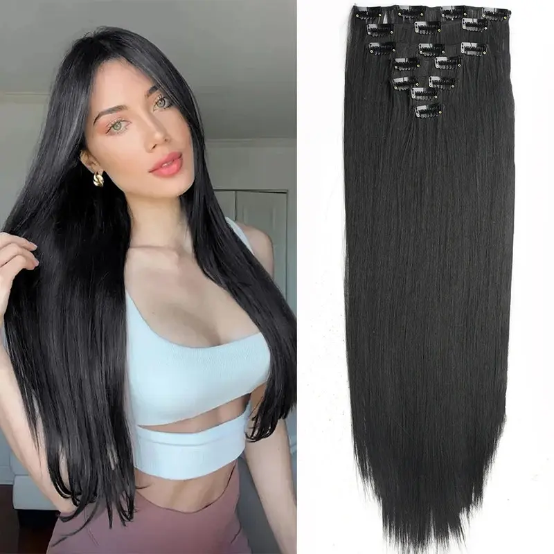 7 Pcs/Set 16 Clips Hair Extension Black Long Straight Natural Hair Ombre Hairpiece Heat Resistant Fiber For Women Hairstyle