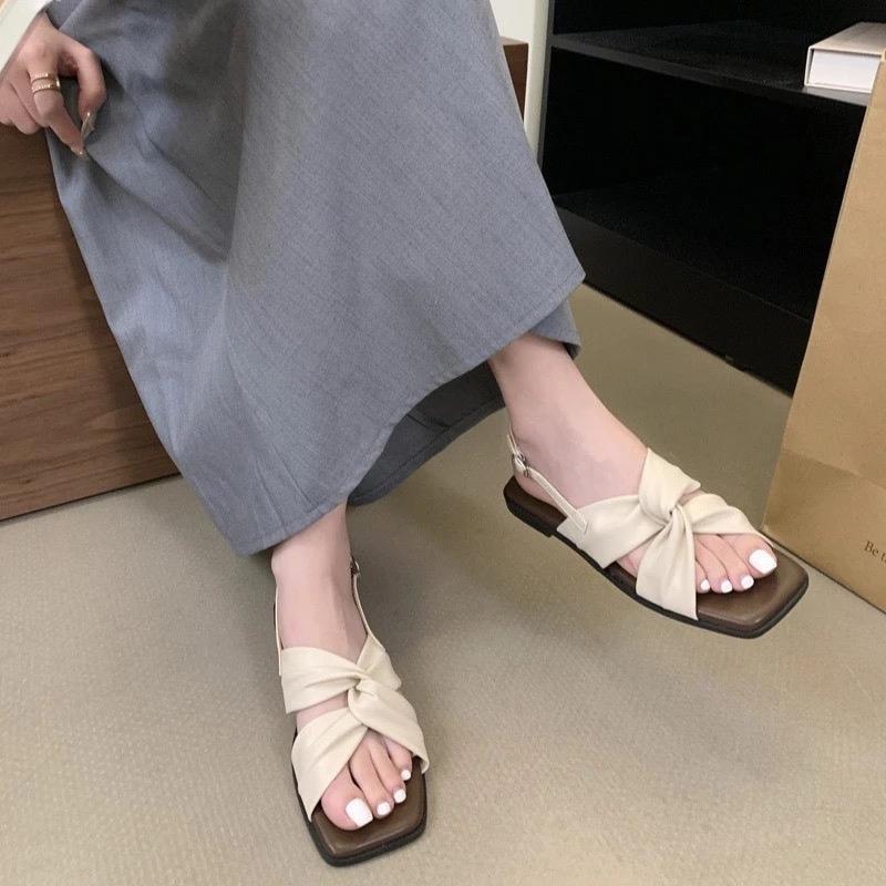 ￼(CHON TANG SIZE) Sandal Nữ Dây Xoắn Da Mềm Quai Hậu Mũi Vuông Đế Dẻo Hottrend S005