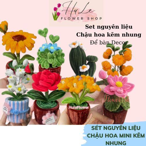[SÉT NGUYÊN LIỆU] Chậu hoa mini kẽm nhung để bàn học, trang trí nhà cửa, bộ dụng cụ đầy đủ Hule