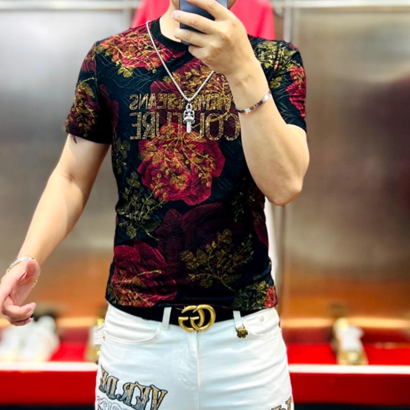 Áo Thun ngắn Tay Nam, Jacquard Rhinestone In Hoa Hồng, Thời Trang, Dễ Phối Đồ, Phong Cách Người Nổi Tiếng Trên Internet, Dáng Ôm, Hàng Mới Về Năm 2025 4
