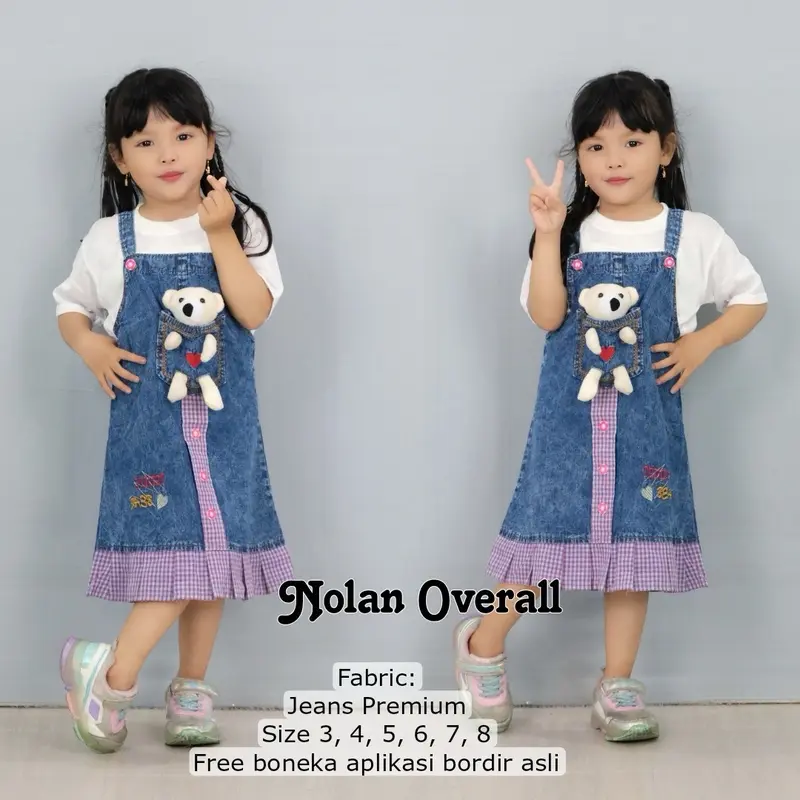 Overalls Jumpsuit Jeans Anak perempuan Variasi Boneka 1-8 Tahun Combed Lengan 5