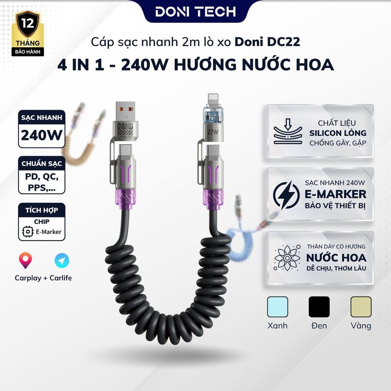 Cáp Sạc Nhanh DC22 Lò Xo 4 in 1 240W Dây Silicon Tỏa Hương Nước Hoa Dài 2M Hỗ Trợ Carplay cho Phone Promax MBook Samsung Android Xiaomi Doni Tech