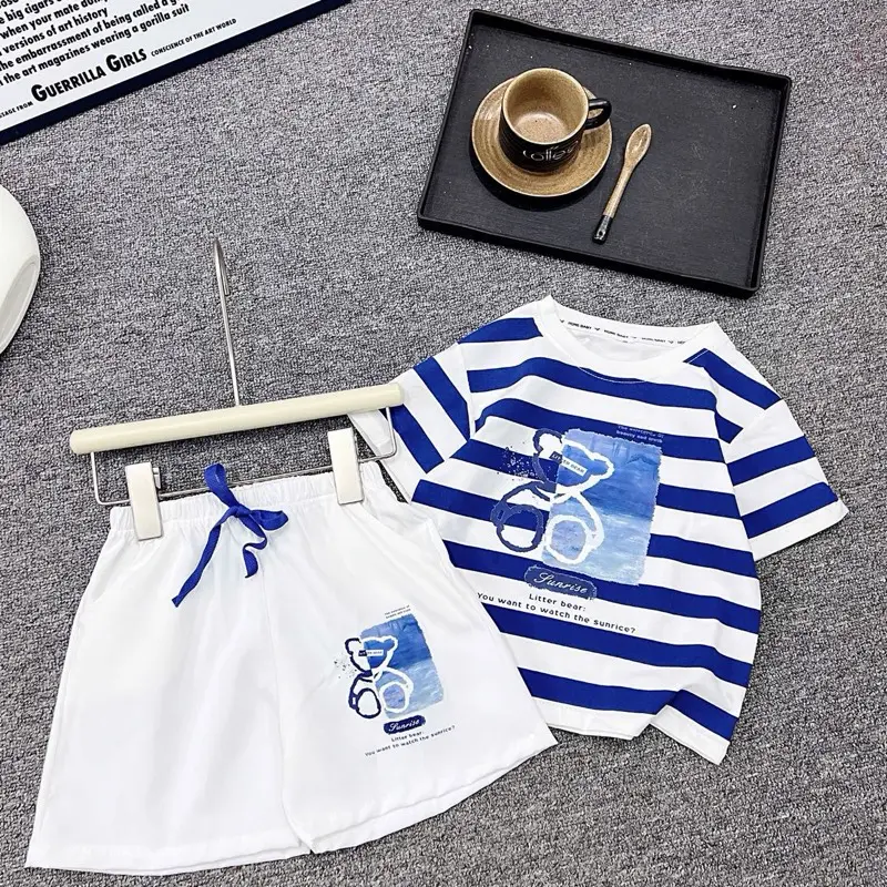 Linh An Kisd Set bộ Cộc tay kẻ xanh mùa hè cho bé trai từ 7-30kg chất liệu cotton mềm mát , quần thô kaki mềm , in nhiệt chắc chắn , hàng bền mát cho bé trai