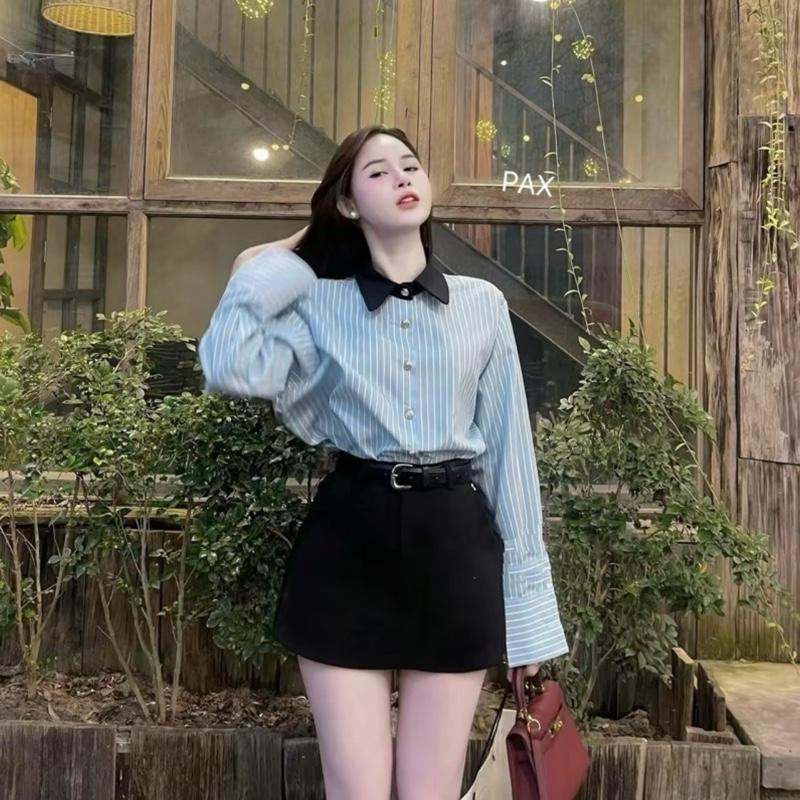 Sơ mi kẻ xanh dài tay thanh lịch cho nàng Nữ Women Top 0